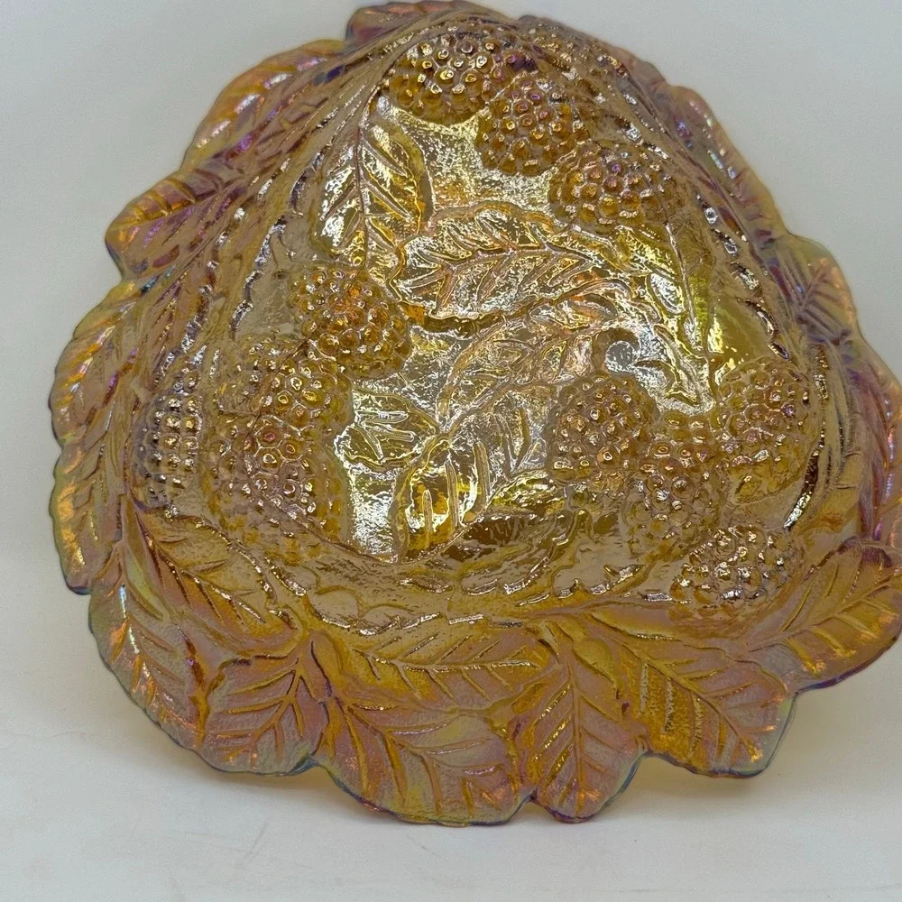 Vintage Amber Carnival Glass Triangle Leaf Berry‎ Candy Dish Bowl Shimmer Retro